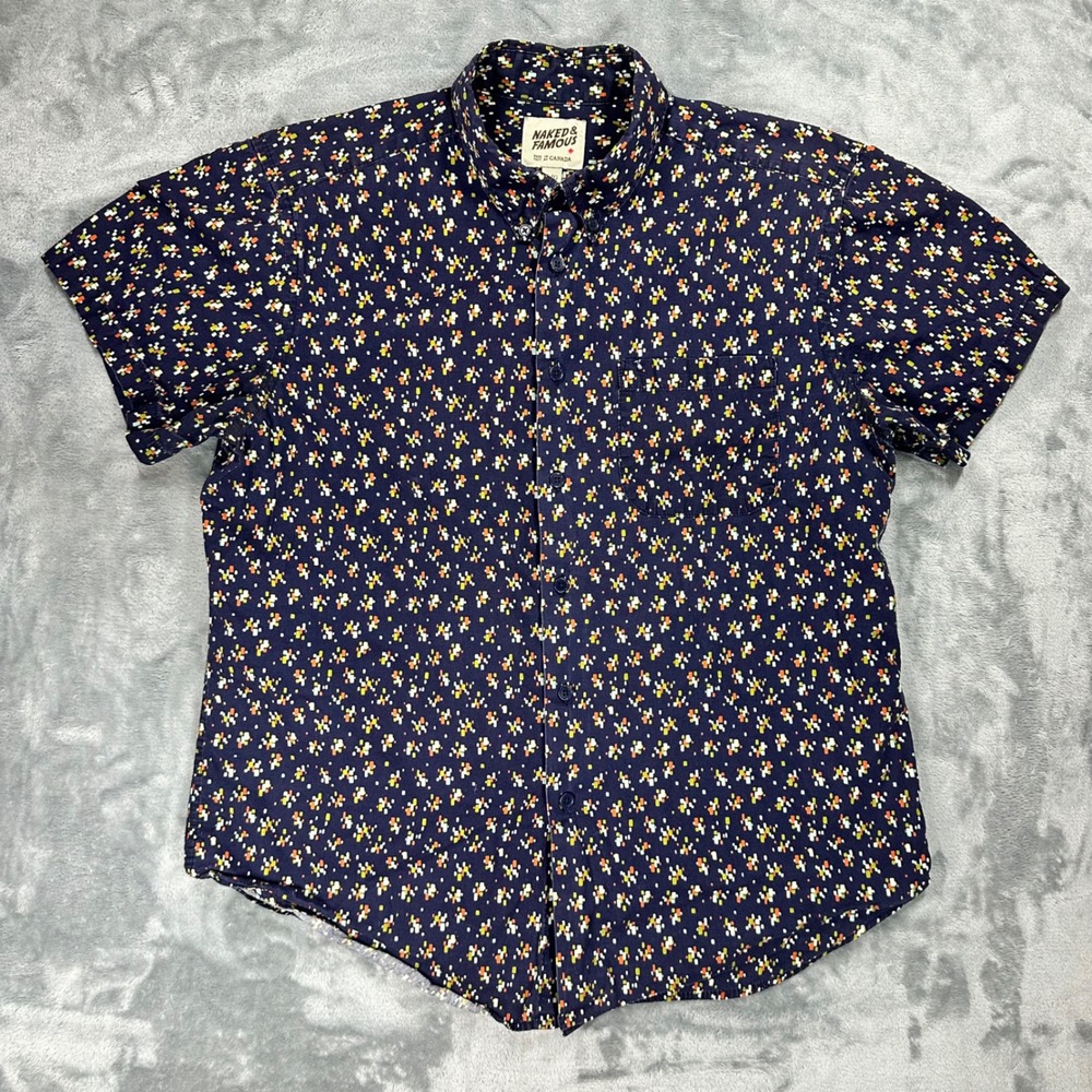 Naked & Famous Mens Large Navy Blue Geometric Pixel Print Short Sleeve Shirt